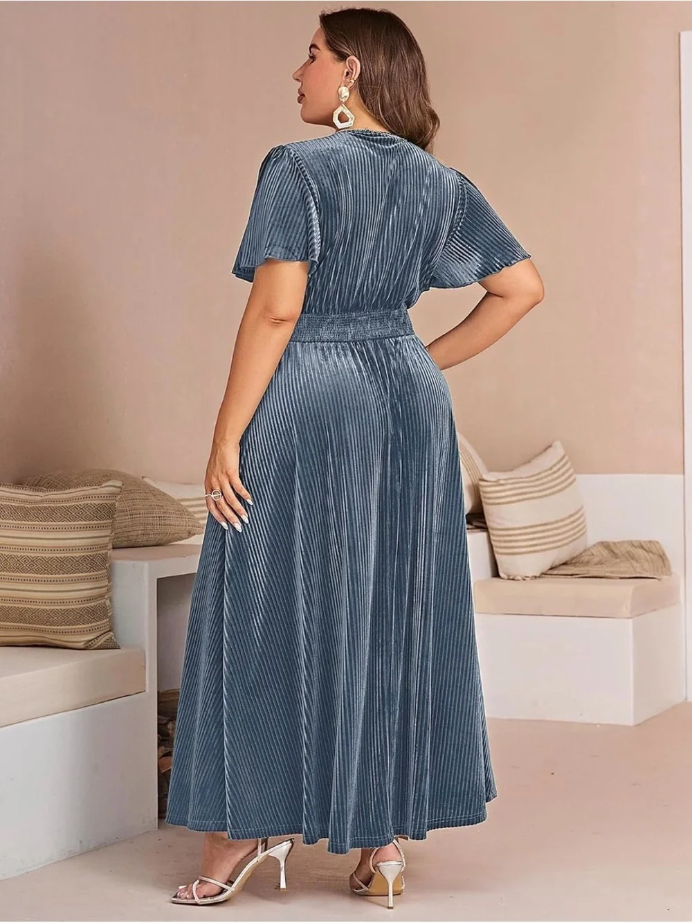 Plus Size Slate Blue Velvet V-Neck Maxi Dress